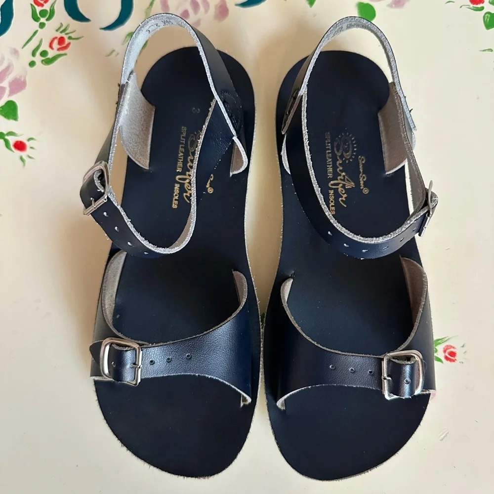 Salt Water Sun San Surfers Navy Leather Buckle Sandals - Picture 1 of 2